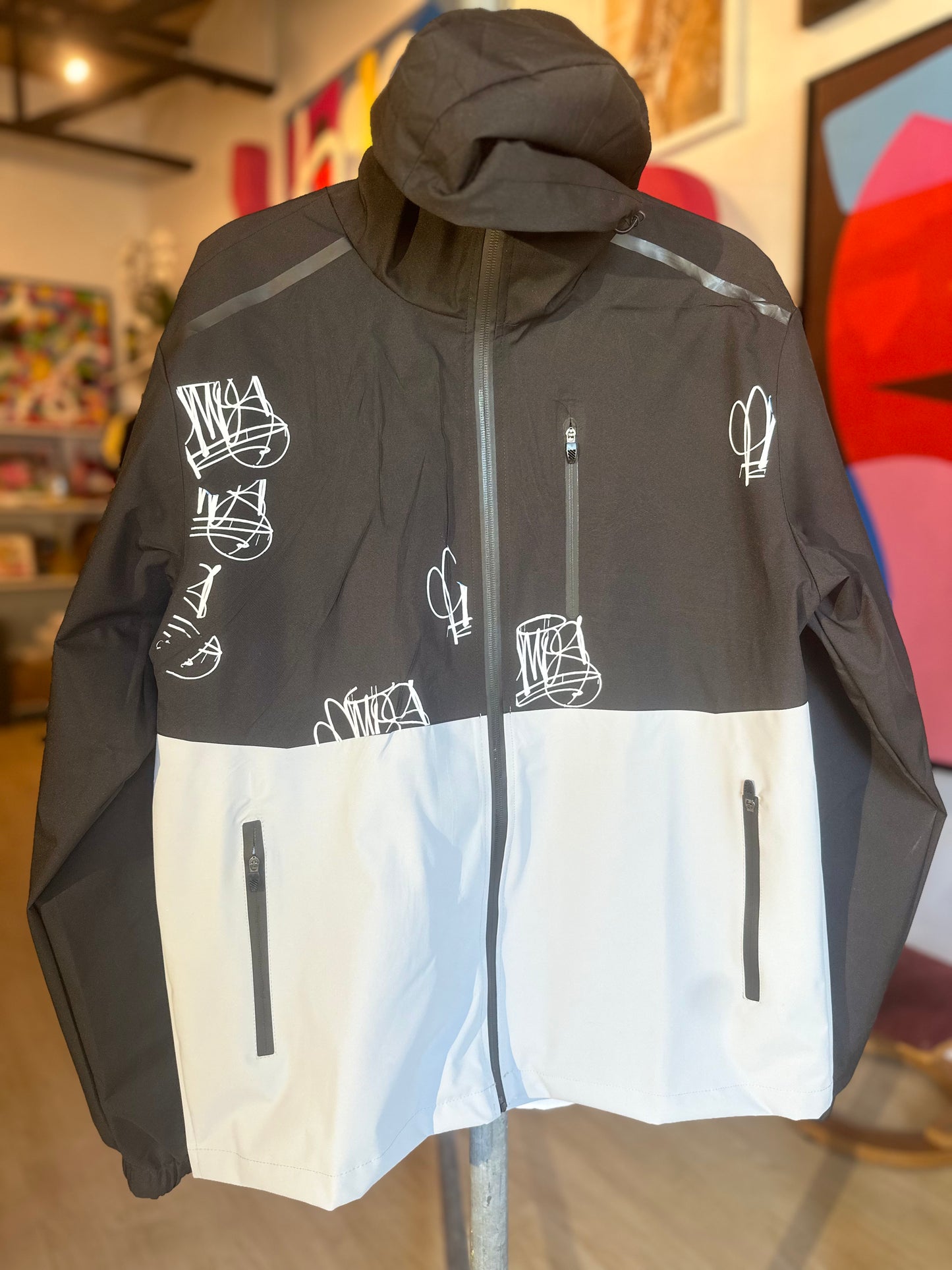 AMOS "Handsy" Hooded Jacket Black/ Grey with White Tags + Galeria Splash on Lower Back