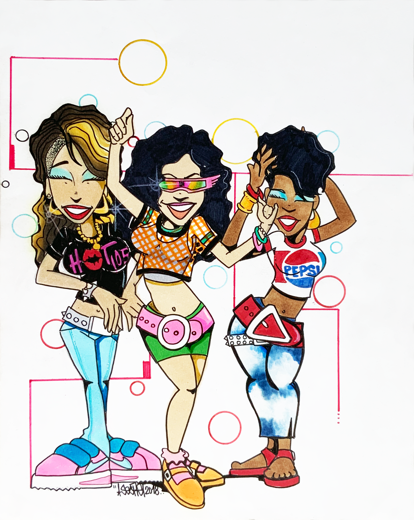 "Fly Ladies of The 80's" (1) - 9 x 11' inches, Marker on Paper, by Chillski - 2018